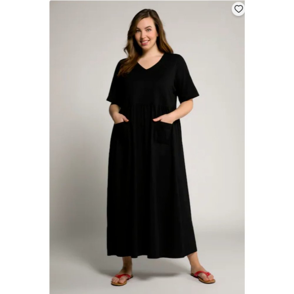 Ulla Popken‎ Empire V Neck Front Pockets Black Dress Sz 12/14